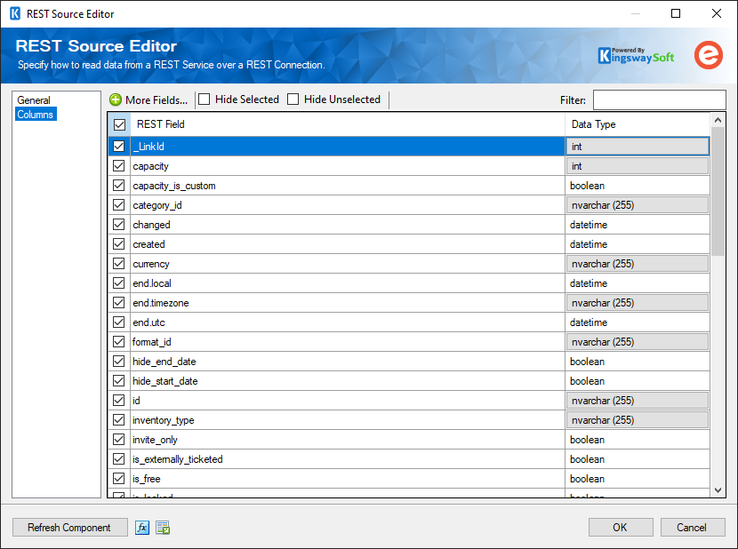 SSIS Eventbrite REST Source - Columns